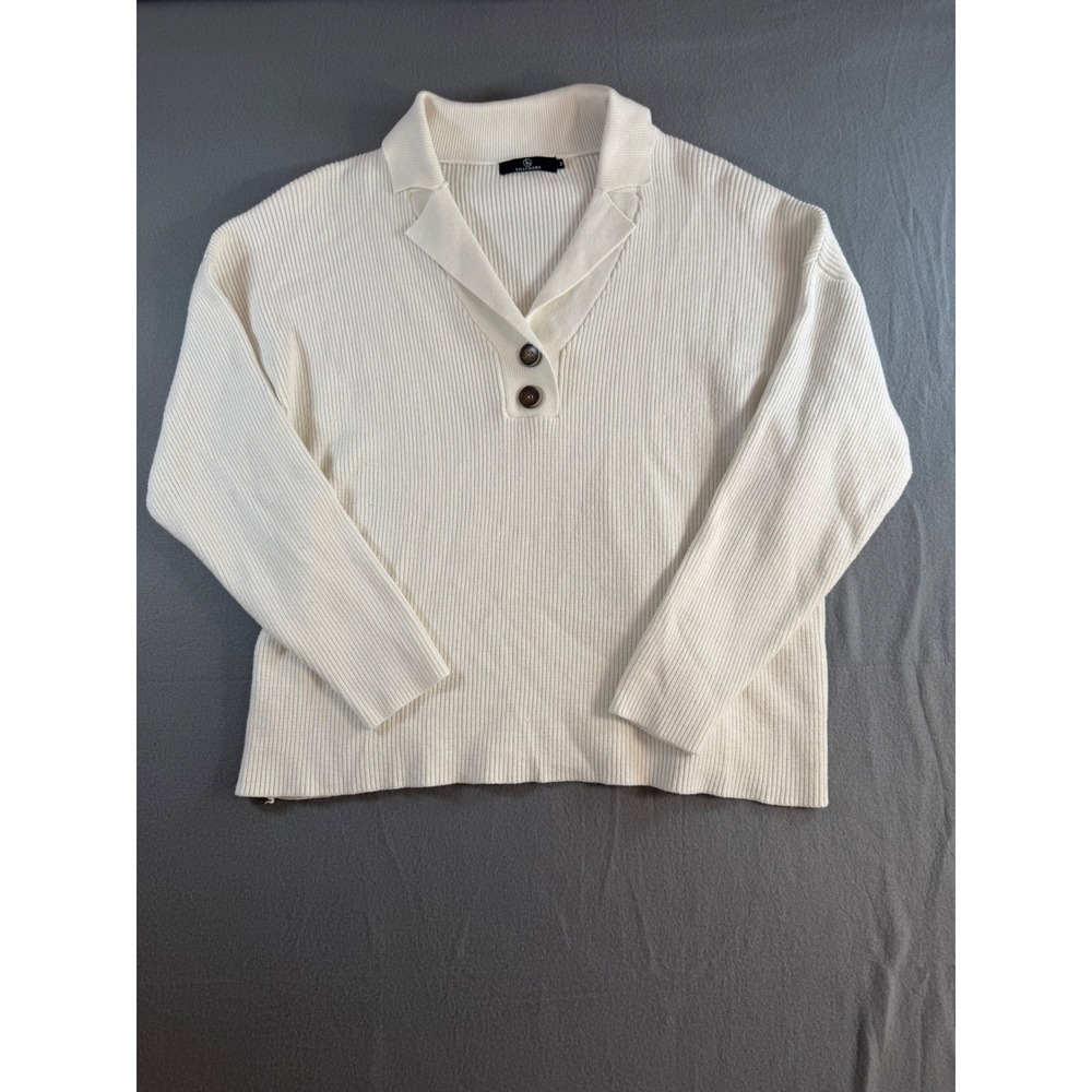 Lillusory Cream Ribbed Knit Polo Sweater Women Medium Long Sleeve Button Collar